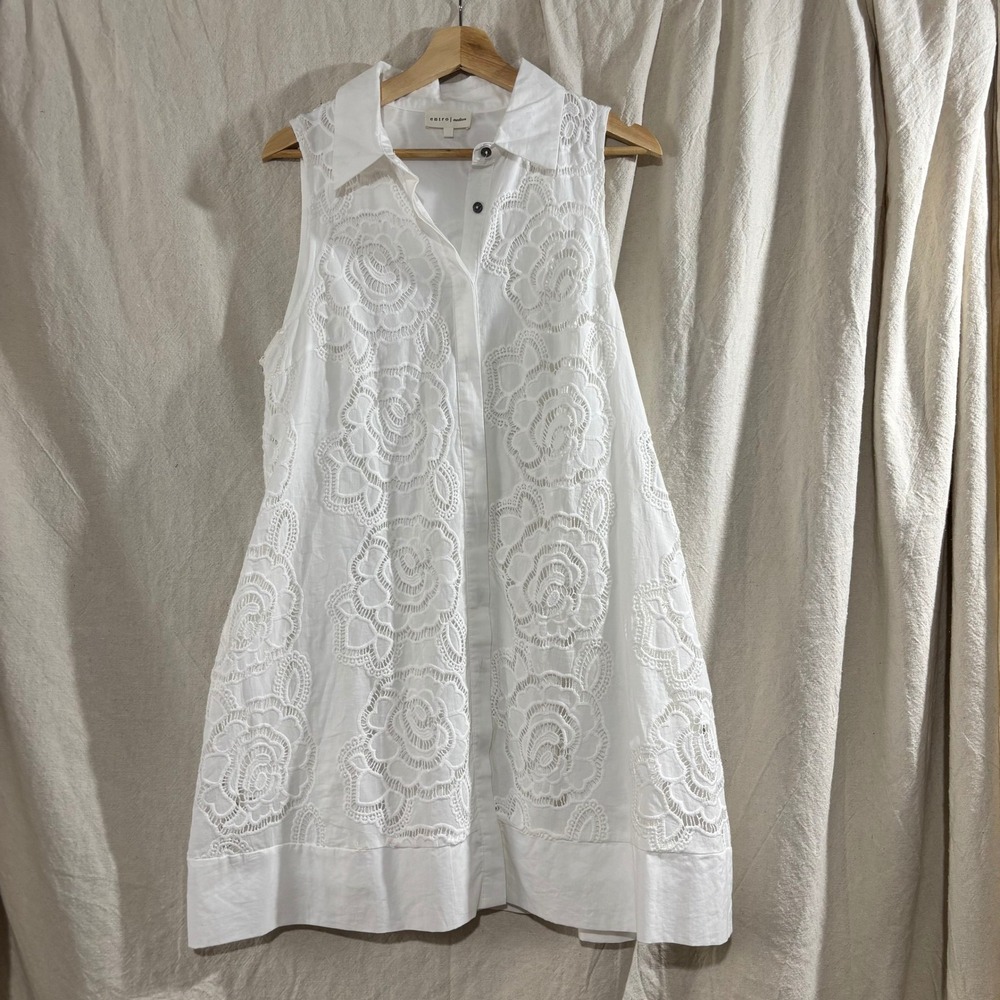 Entro White Floral Eyelet Lace Sleeveless Button Down Shirt Dress Bridal Shower